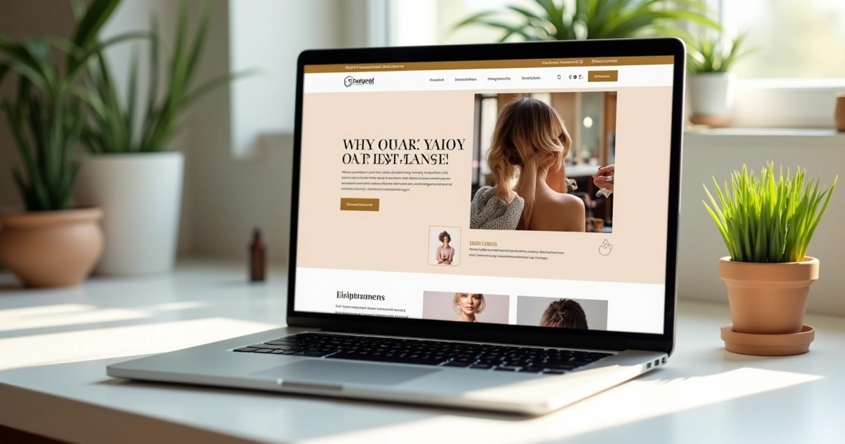 Exemplo de site de salão de beleza exibido em notebook 