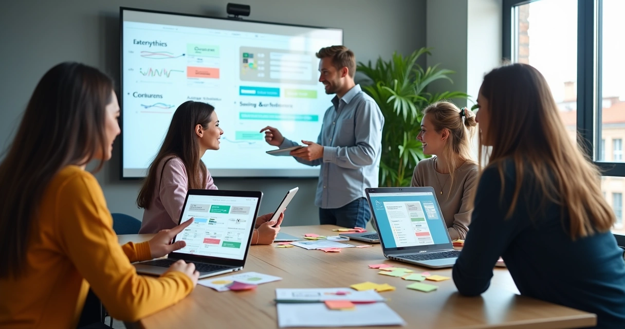 Equipe de startup analisando protótipos de site em notebooks e quadro digital 