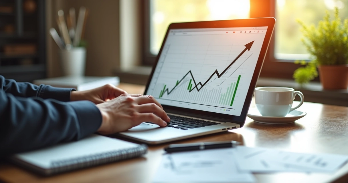 Gráfico de crescimento ascendendo ao lado de site de empresa 