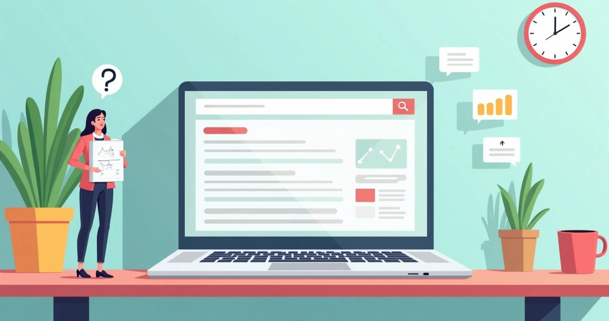 Empreendedora confusa procurando o site perdido entre resultados em branco