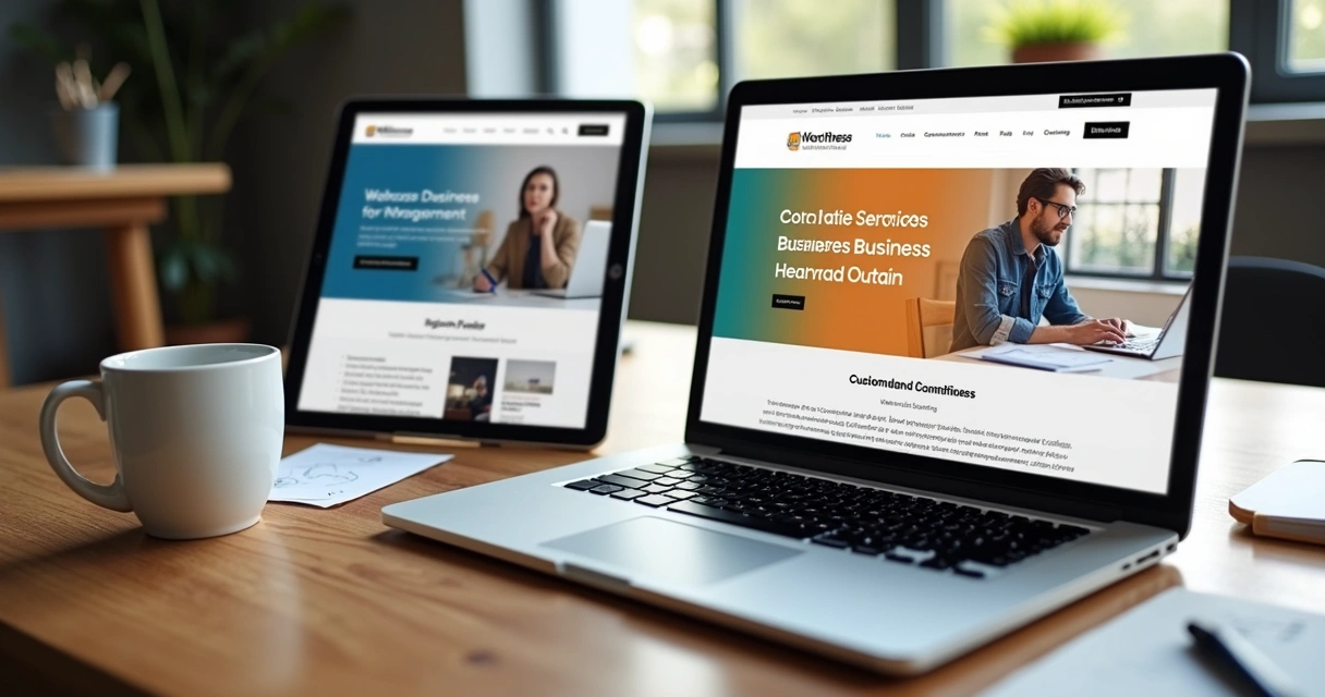 Interface de site empresarial WordPress personalizado, no notebook e tablet 
