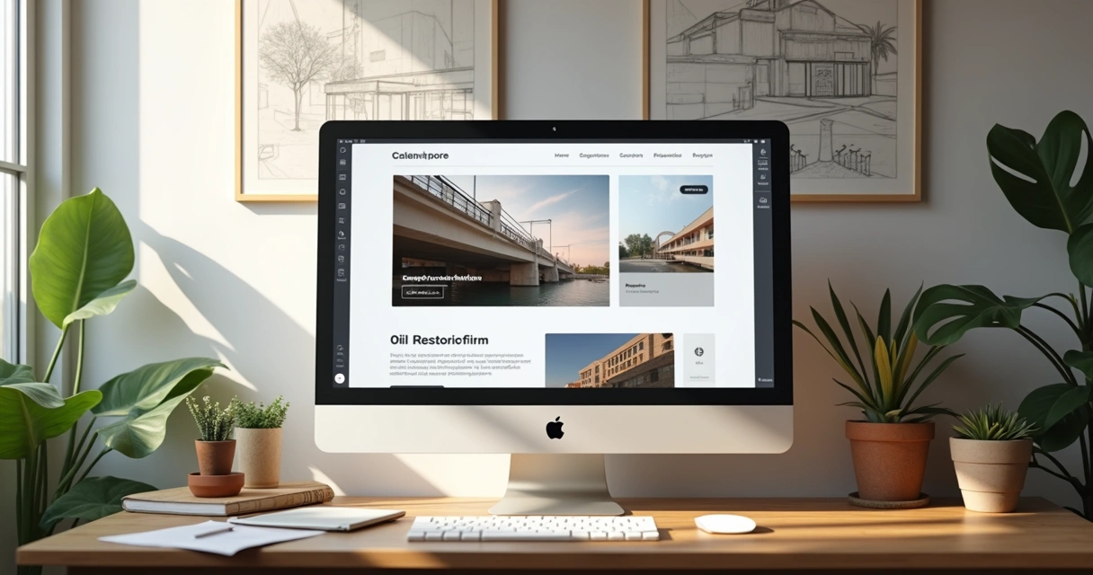 Página inicial de um site de arquitetura com portfólio de projetos e informações de contato 