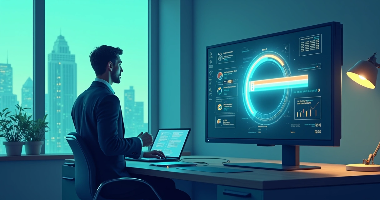 Pessoa de negócios ao lado de uma tela mostrando site carregando rapidamente