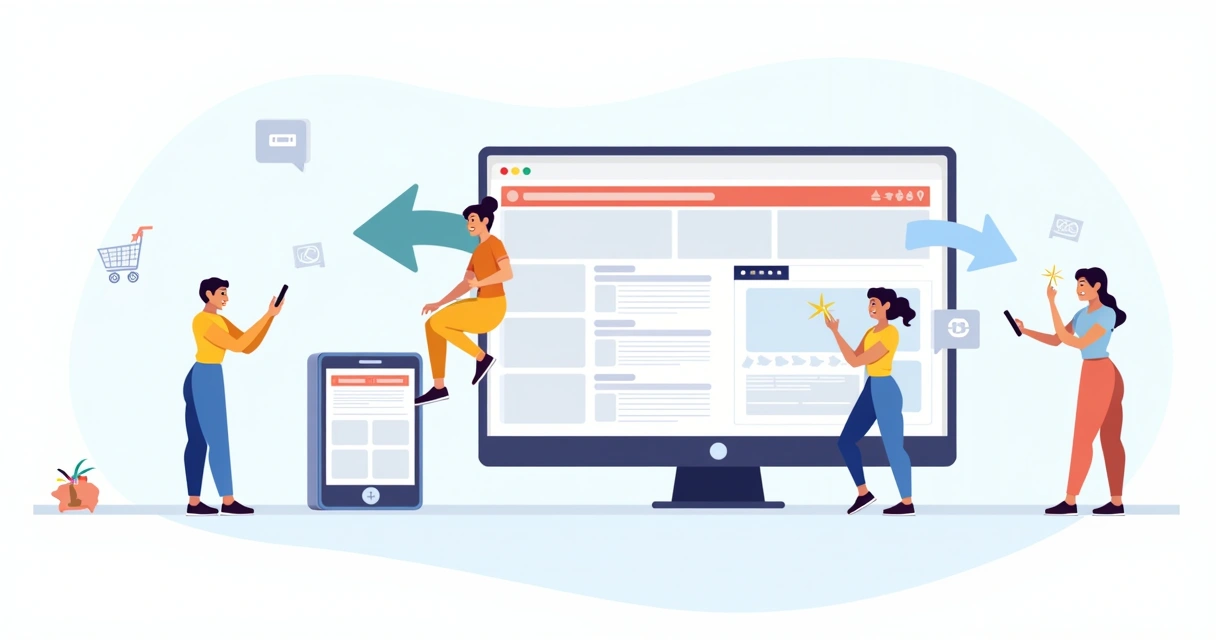Ilustração de um site responsivo em diferentes dispositivos, destacando navegabilidade e design amigável.