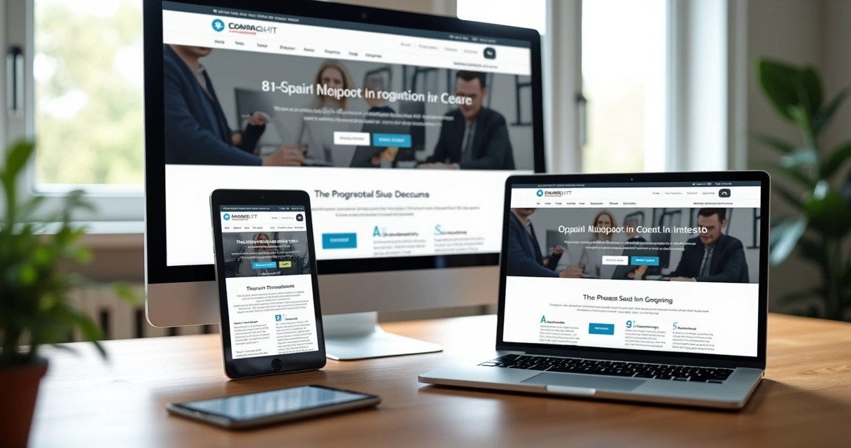 Exemplo de site de empresa exibido em dispositivos diferentes 