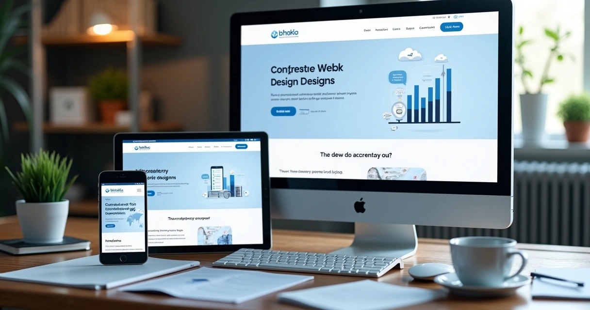 Mockup de site B2B responsivo exibido em notebook, tablet e smartphone