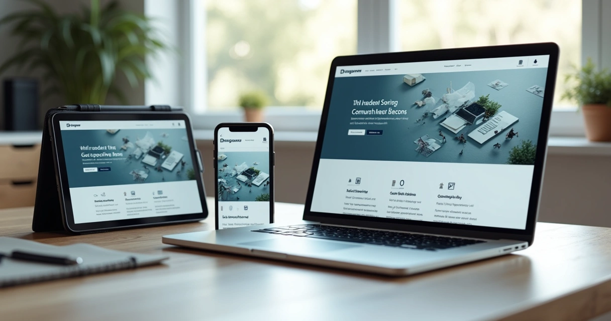 Visual de site responsivo aberto em celular e tablet sobre mesa de trabalho 