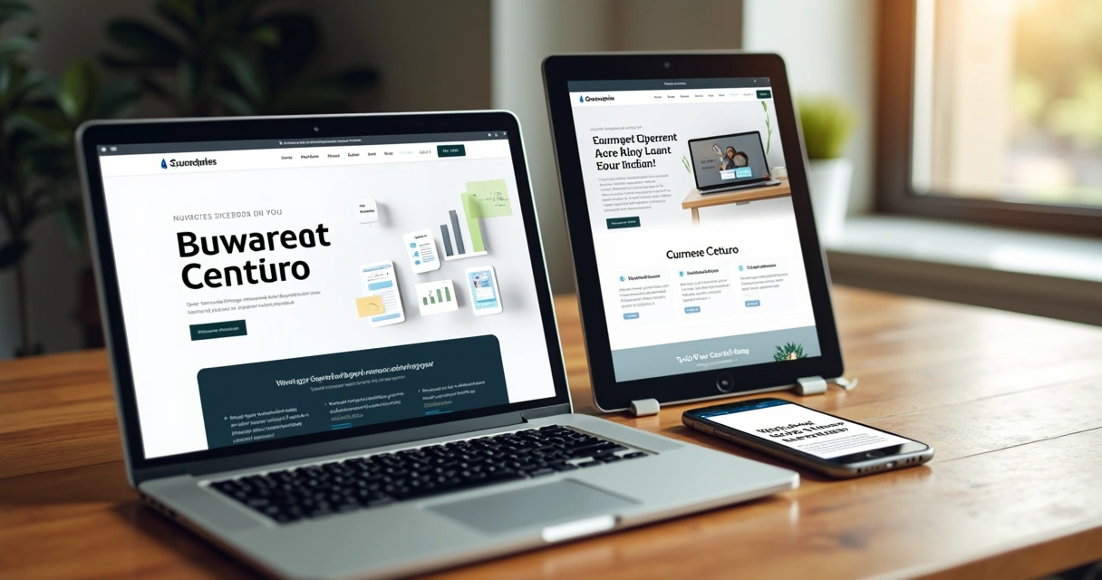 Site institucional responsivo exibido em celular e tablet ao lado de notebook em mesa de trabalho 