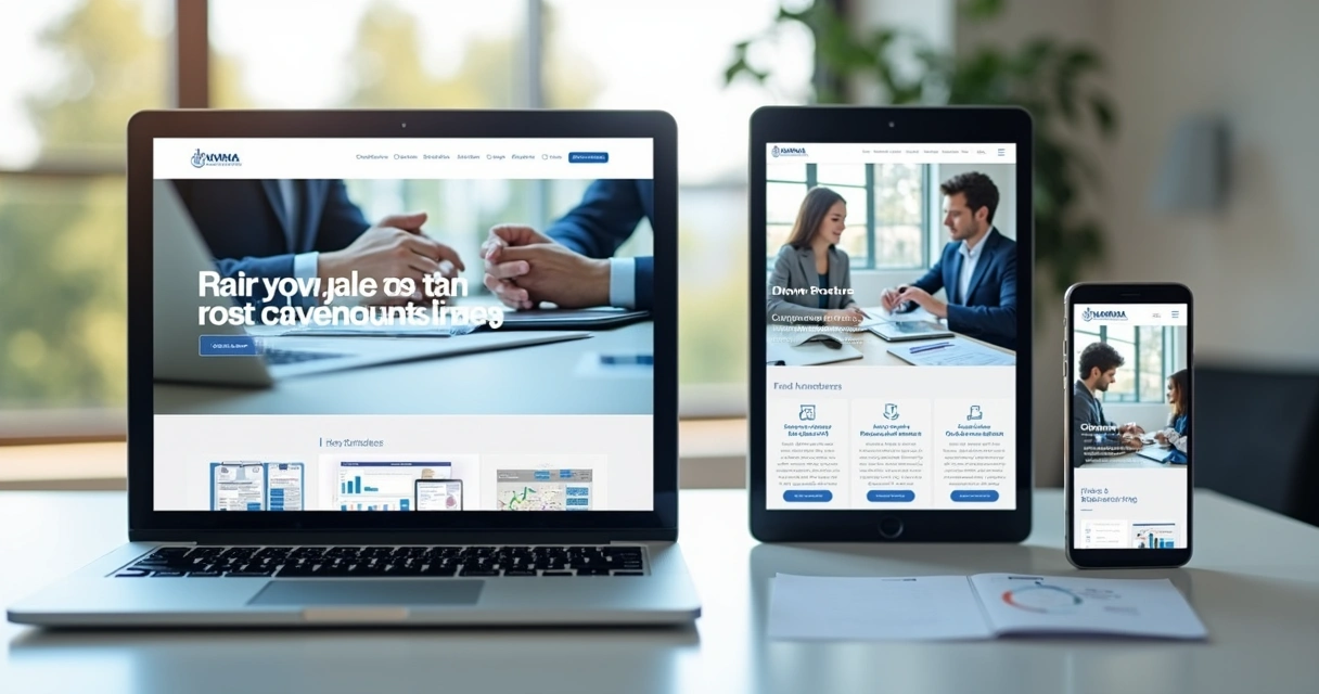 Site contábil exibido em notebook, tablet e celular lado a lado