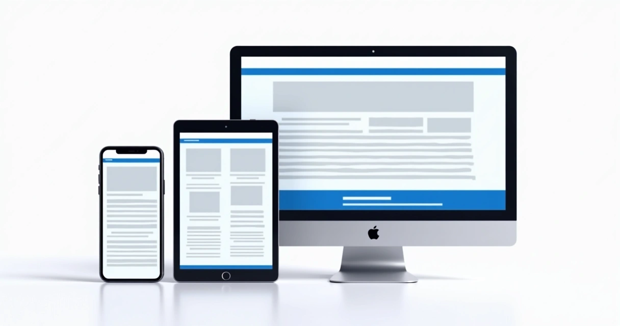 Simulação de site responsivo exibido em smartphone, tablet e desktop lado a lado 