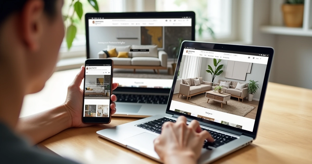 Visual de site de móveis adaptado em celular, tablet e notebook sobre mesa clara 