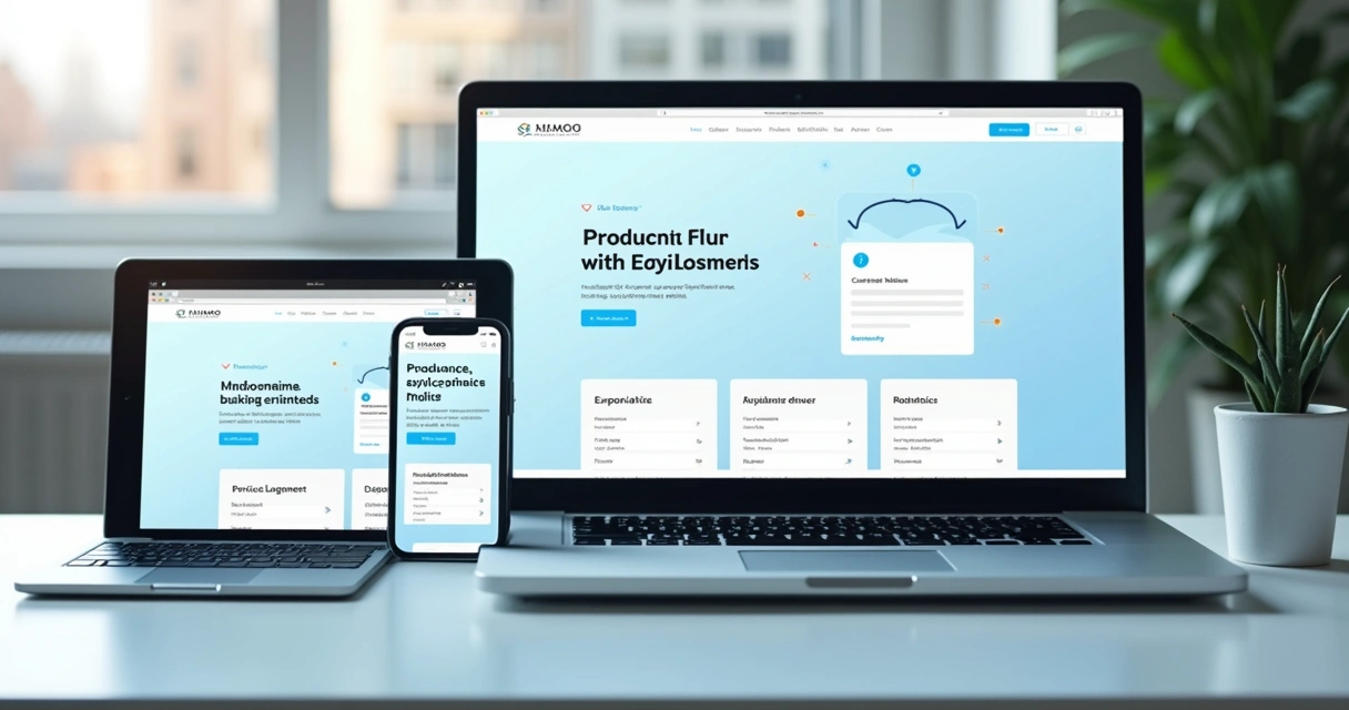 Site empresarial exibido em celular, tablet e notebook