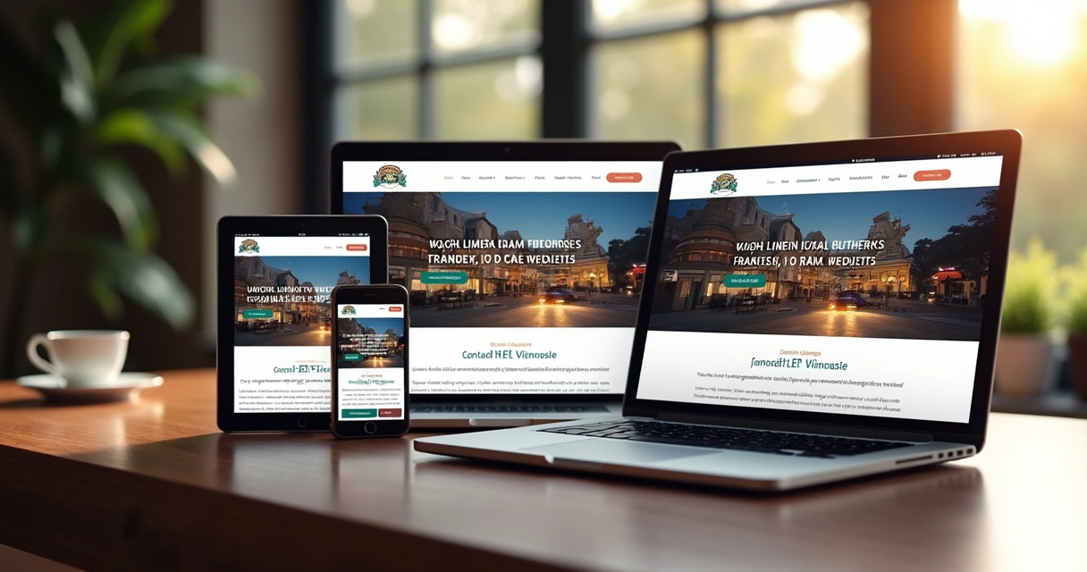Site de empresa local exibido em smartphone, tablet e laptop lado a lado 