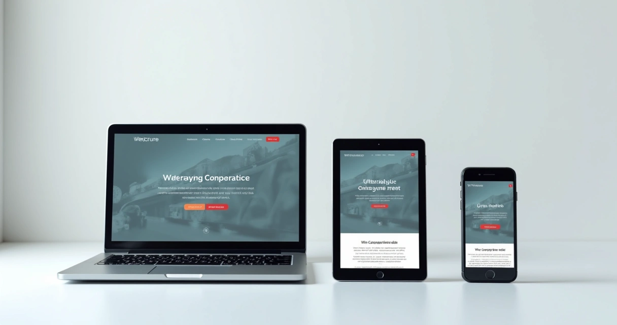 Layout de site institucional exibido em notebook, tablet e celular lado a lado 
