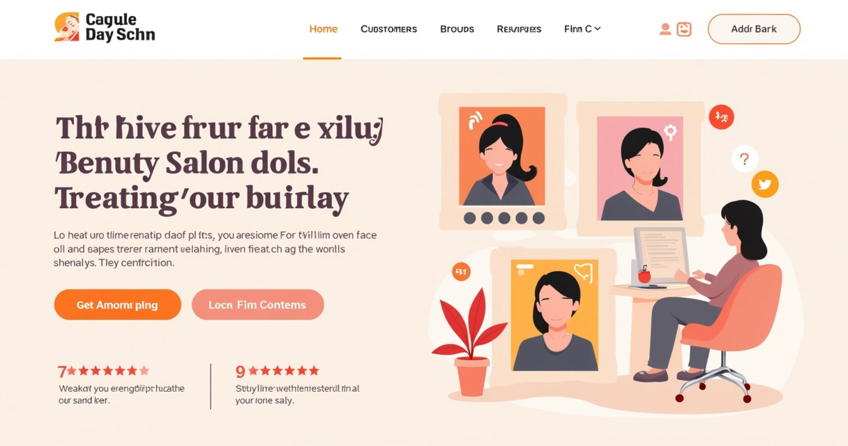 Página inicial de site de salão de beleza com galeria de fotos coloridas e avaliações de clientes 