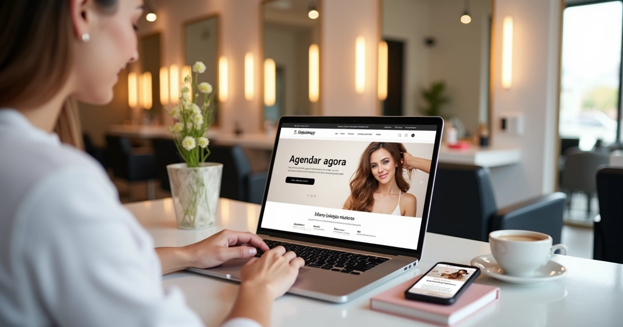 Dona de salão de beleza criando site no notebook com fotos e botão de agendamento 