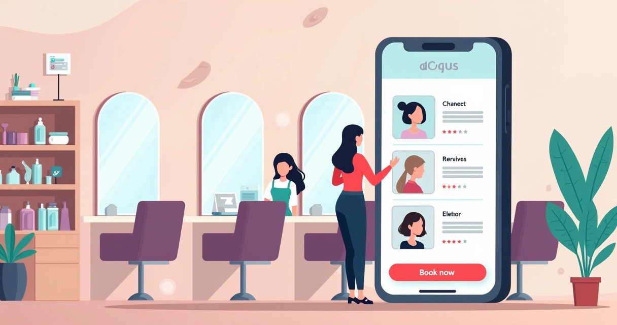 Salão de beleza moderno com site aberto em celular destacando botão de agendamento online 