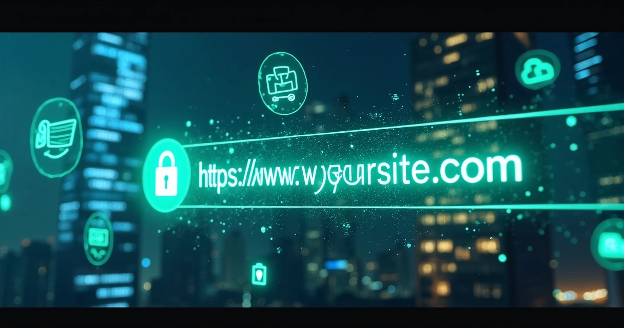 Navigation bar with lock icon layered over cityscape connected by data lines 