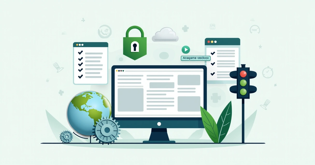 Graphic of a website wireframe with navigation menu, SSL padlock, and clean URLs 