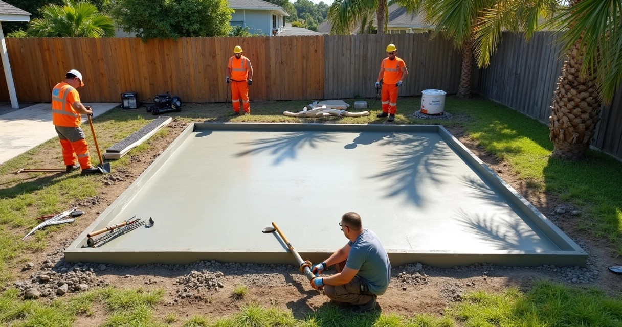 Workers staging tools and materials for a slab pour in Orlando. 
