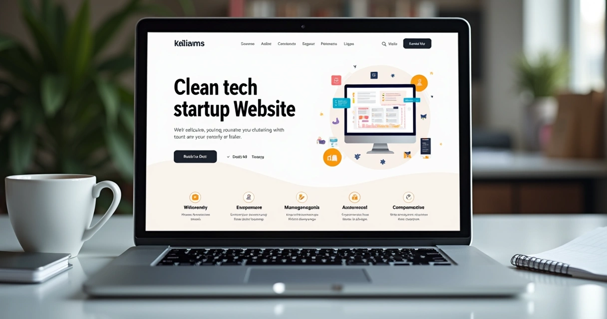 Site de startup com design limpo e elementos visuais modernos
