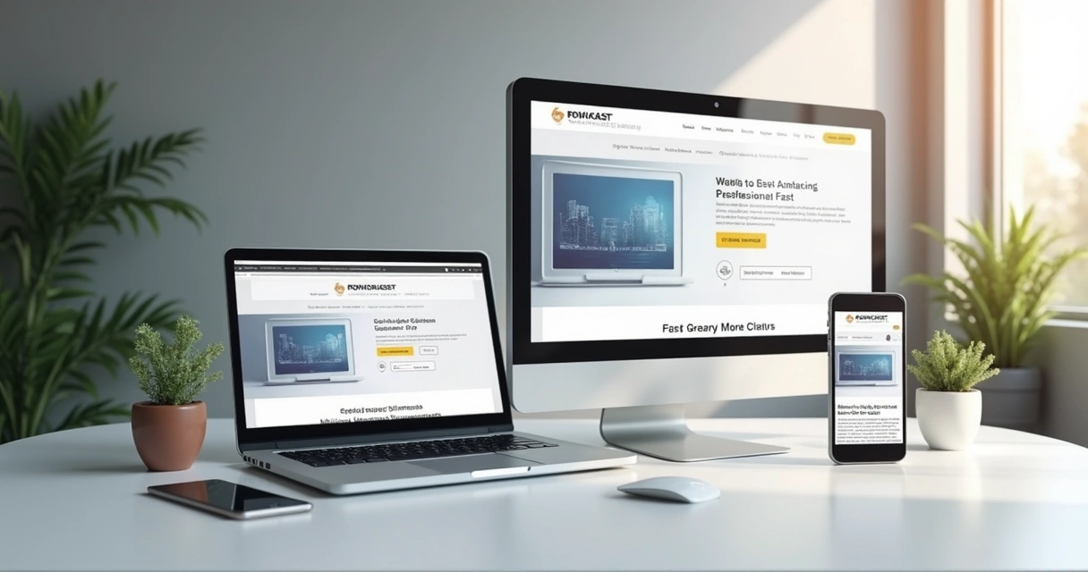Tela de site profissional aberto em diversos dispositivos sobre fundo claro 