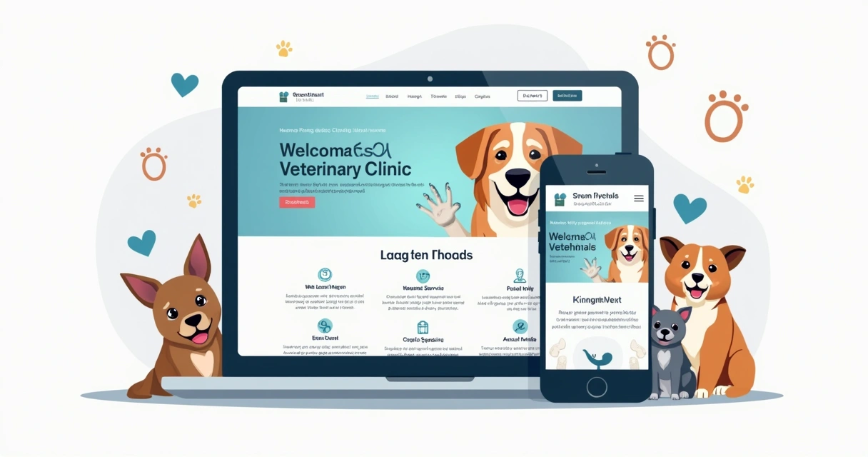 Site de clínica veterinária exibido em notebook e celular 