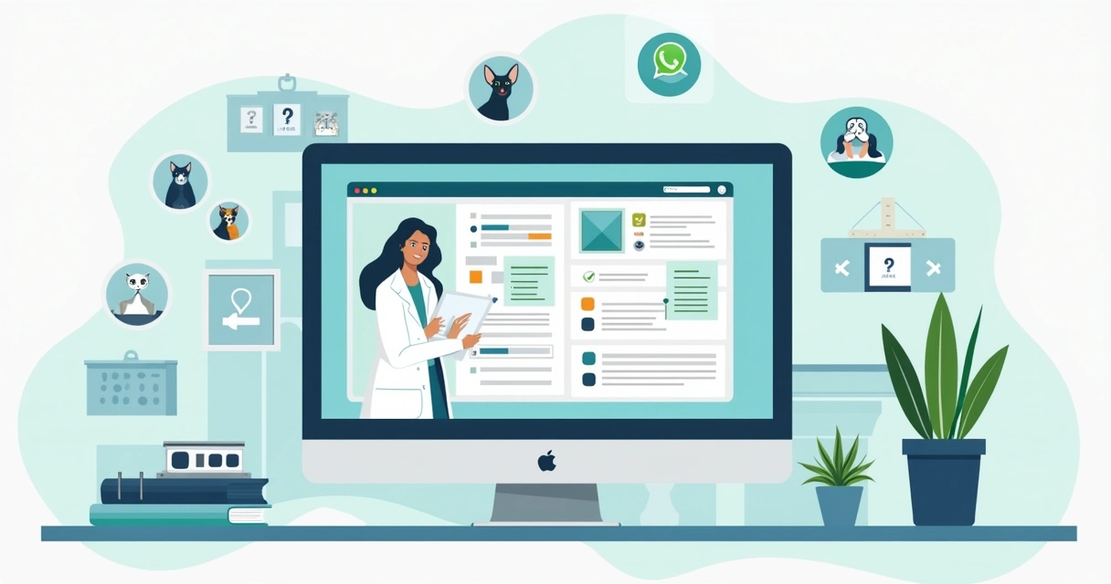 Ilustração corporativa de site de consultório veterinário com agenda online, prontuário digital e contatos integrados 