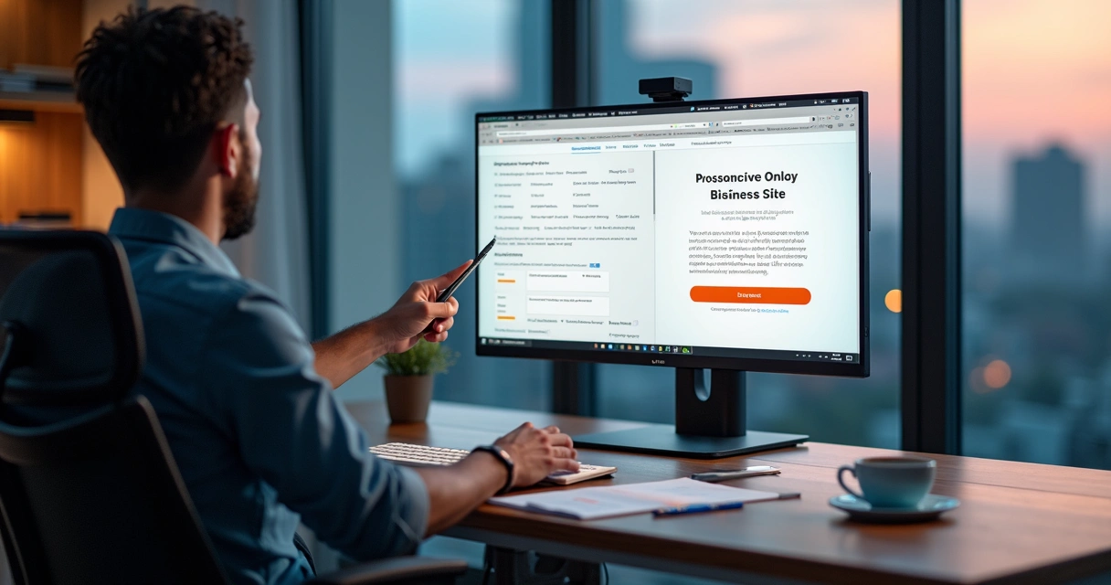Profissional de marketing comparando layout de site institucional e landing page na tela de computador 