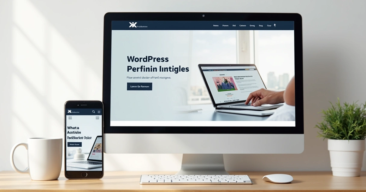 Tela de um site WordPress em computador e smartphone sobre uma mesa de madeira clara 