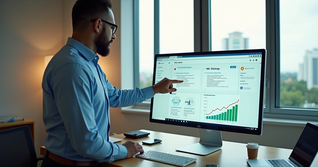 Empresário analisando sitemap XML em tela com gráfico de SEO 