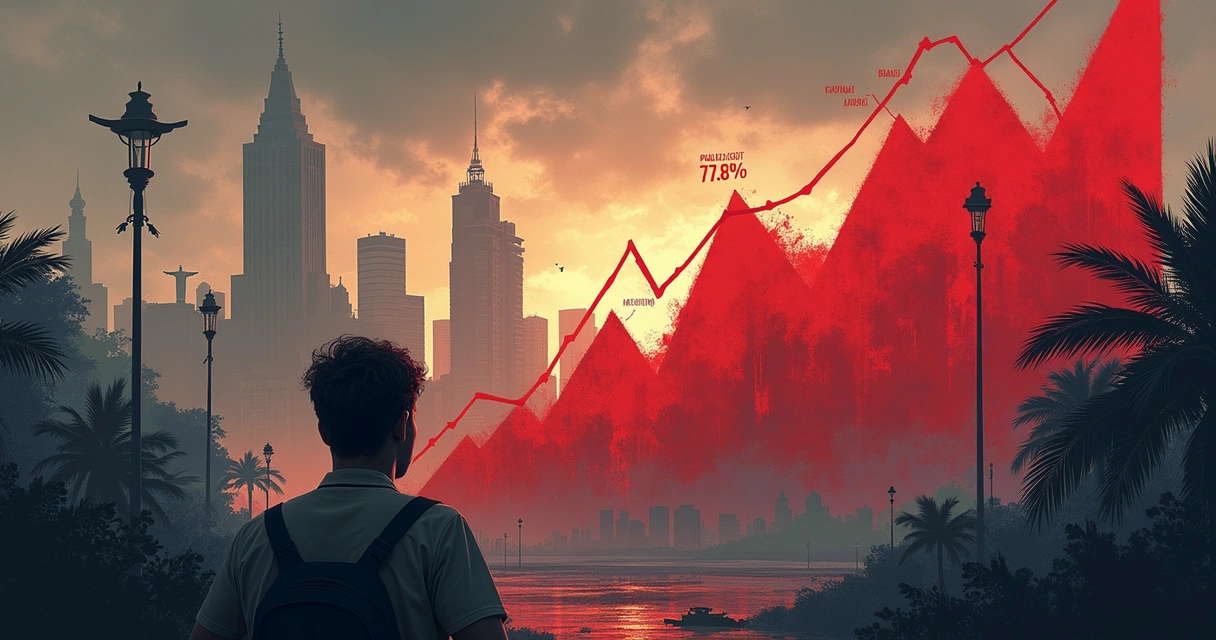 Ilustração da situação fiscal do Brasil, com gráfico da dívida pública, cidadãos preocupados e símbolos de crise econômica.