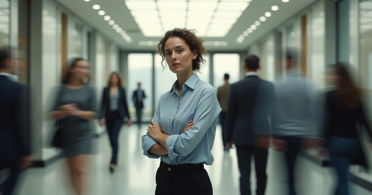 Pessoa parada em um corredor movimentado, refletindo antes de tomar uma decisão 