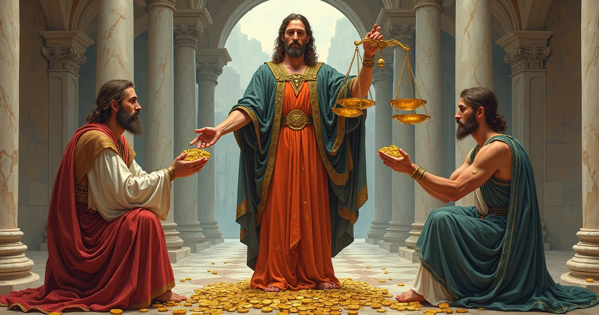 Tarot card depicting a figure holding scales and giving coins to two figures. 