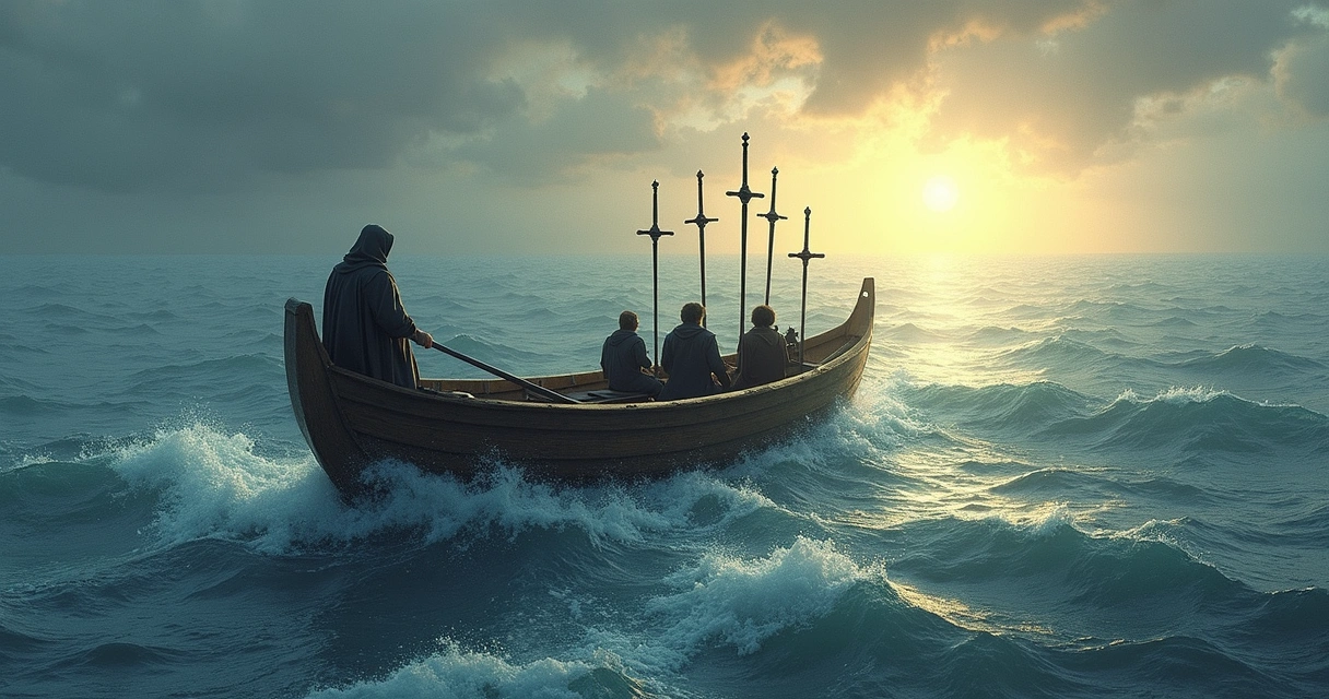 Tarot card Six of Swords upright in a boat with rough and calm water 