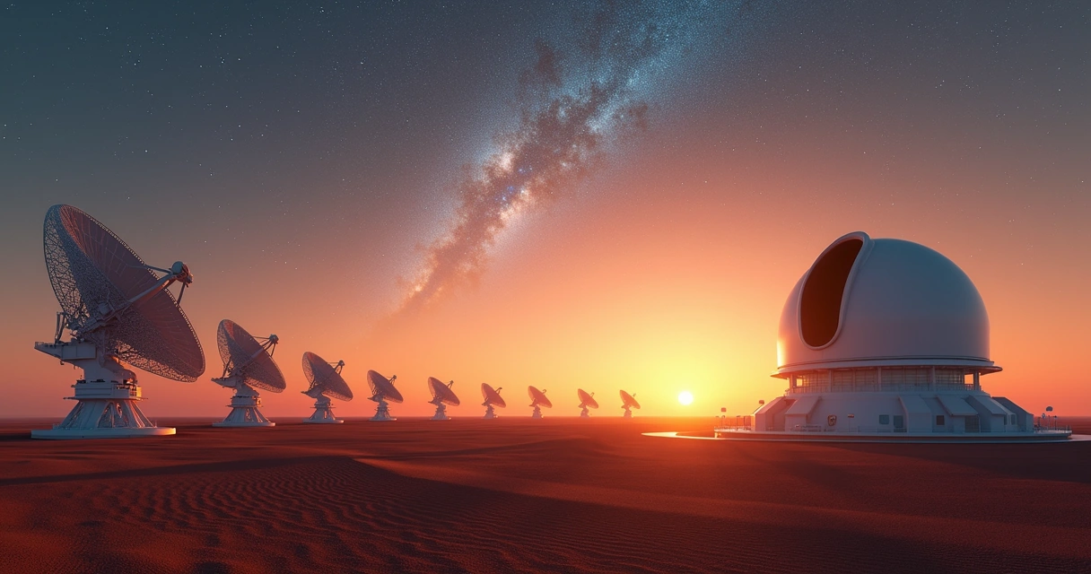 Conjunto do SKA e visual do telescópio Vera Rubin em noite clara 