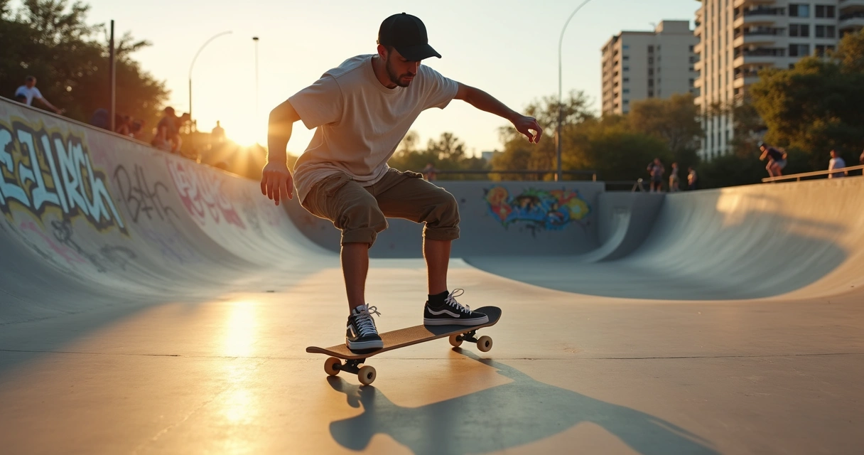 Skatista manobrando em pista urbana com equipamentos de proteção 