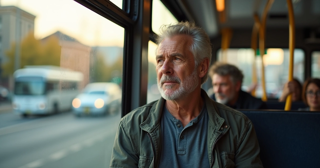 Man sitting on a bus quietly observing surroundings with a thoughtful look 