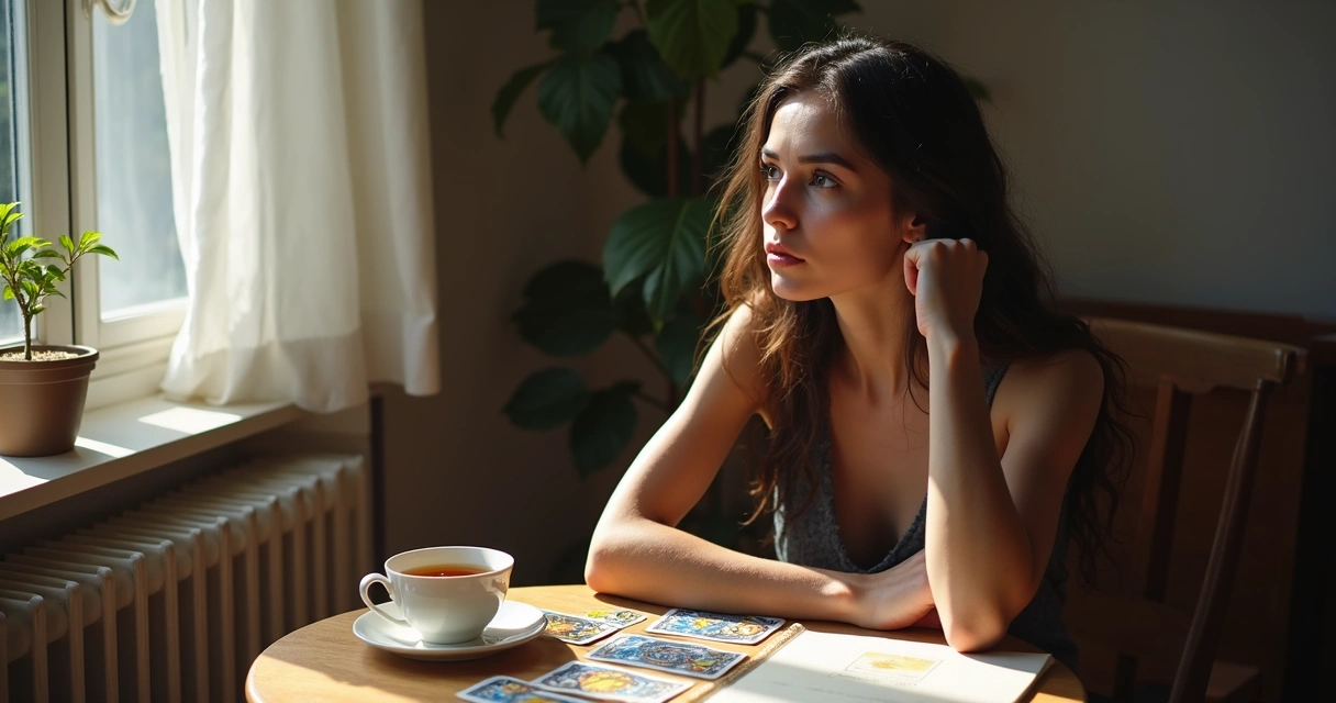 Woman pondering tarot reading outcome 