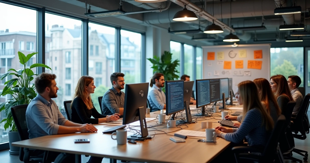 IT team working together in German office 