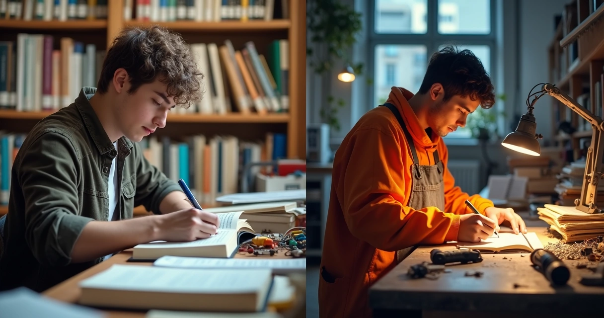 Student reading in a library and worker using tools in a workshop 