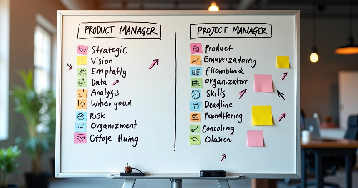 Quadro branco com lista de competências de product manager e project manager, setas e ícones 