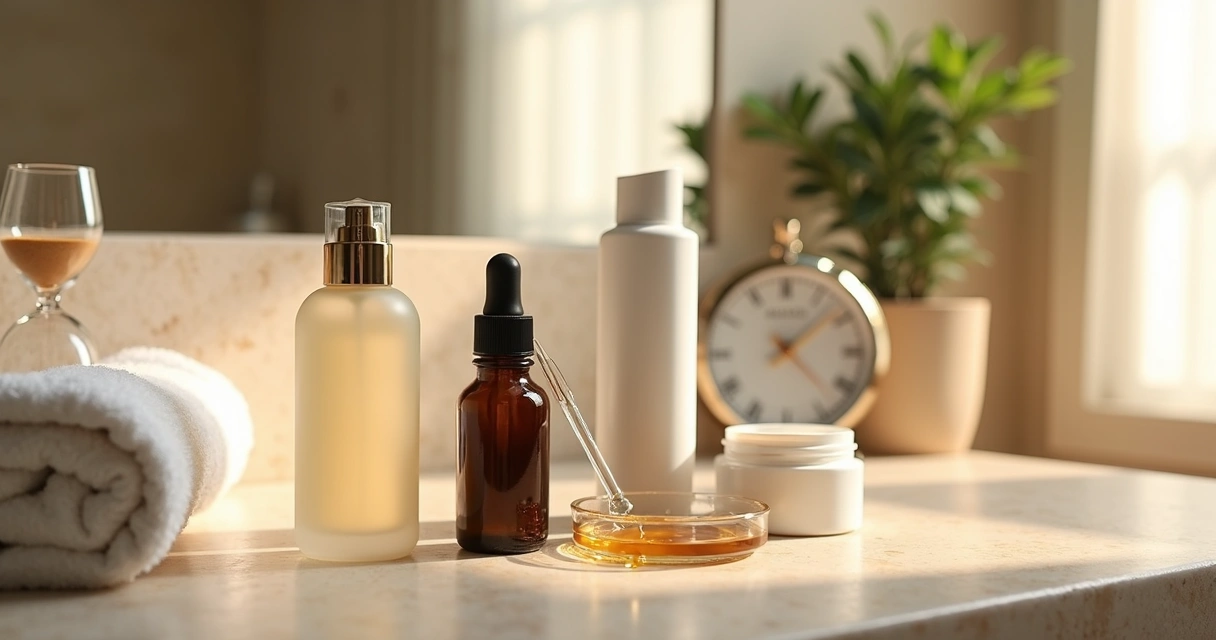 Coleção de produtos de skincare organizados em sequência de skin cycling sobre bancada clara 