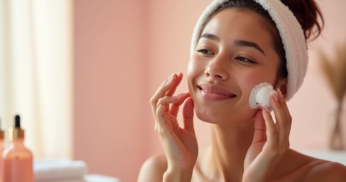 Mujer usando skin scrubber en mejilla 