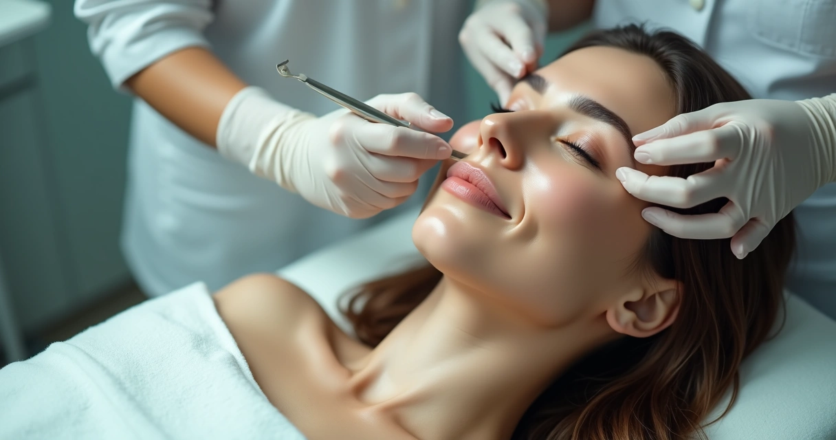 Mulher jovem de pele hidratada recebendo microinjeções de skinbooster na bochecha em clínica elegante 