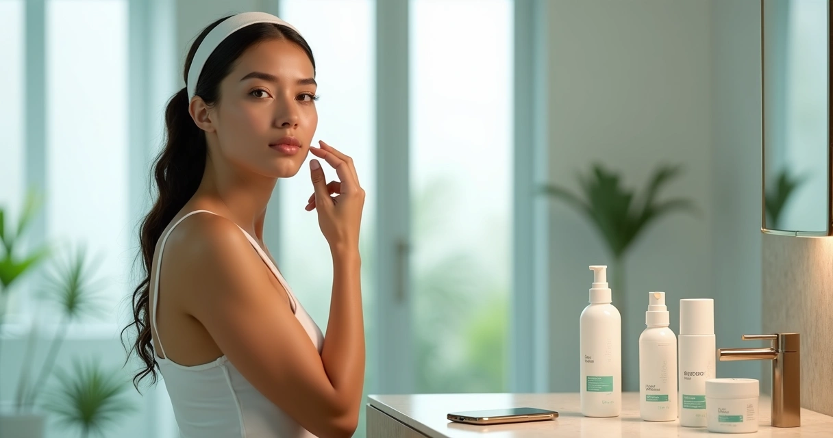 Mulher com pele oleosa usando hidratante Mantecorp em banheiro claro com produtos alinhados na bancada 