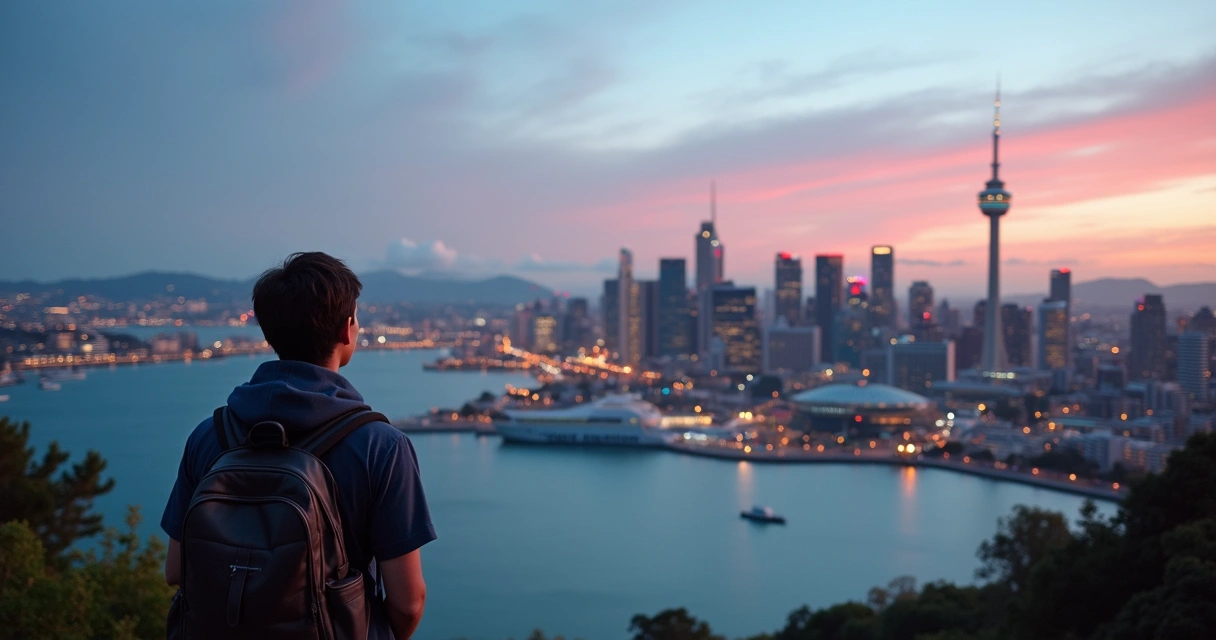 Vista do skyline de Auckland com estudante observando a cidade 