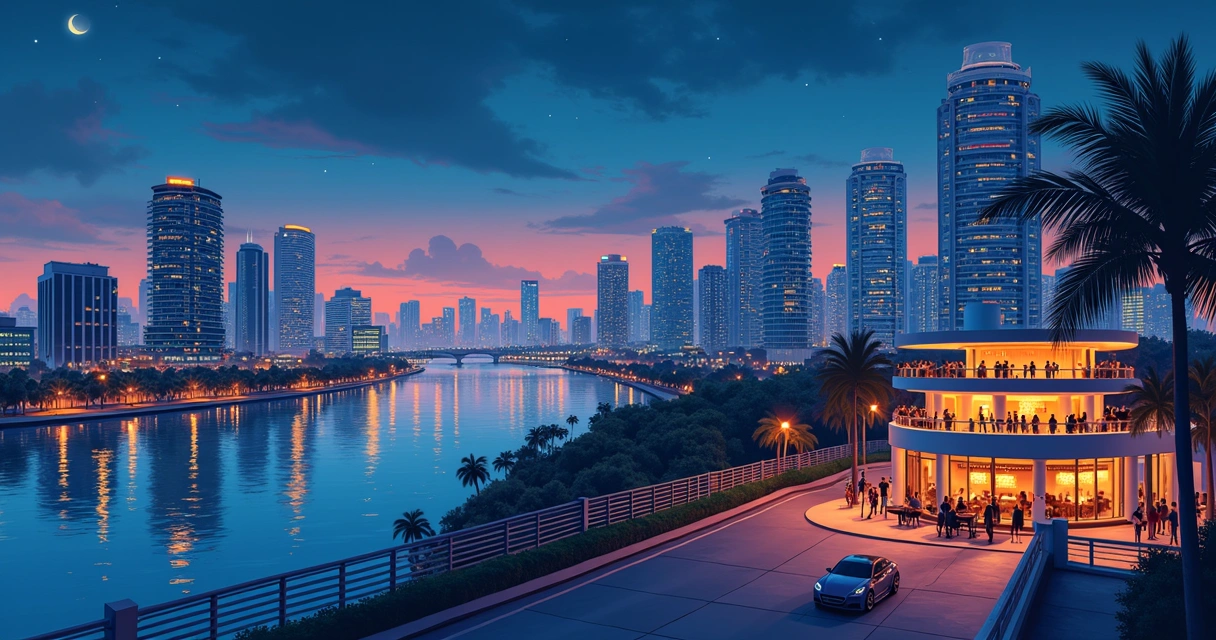 Vista noturna do skyline de Brickell, arranha-céus iluminados 