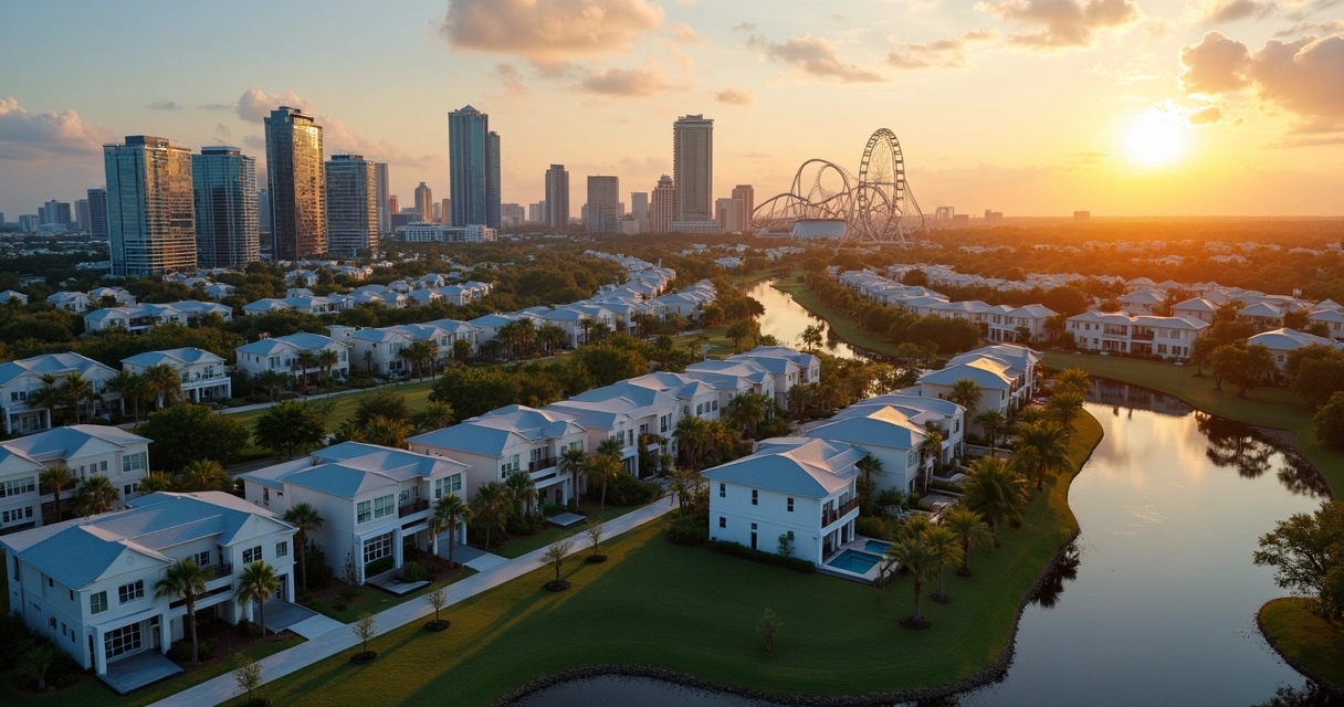 Vista aérea de Orlando com casas modernas e prédios próximos aos parques temáticos 
