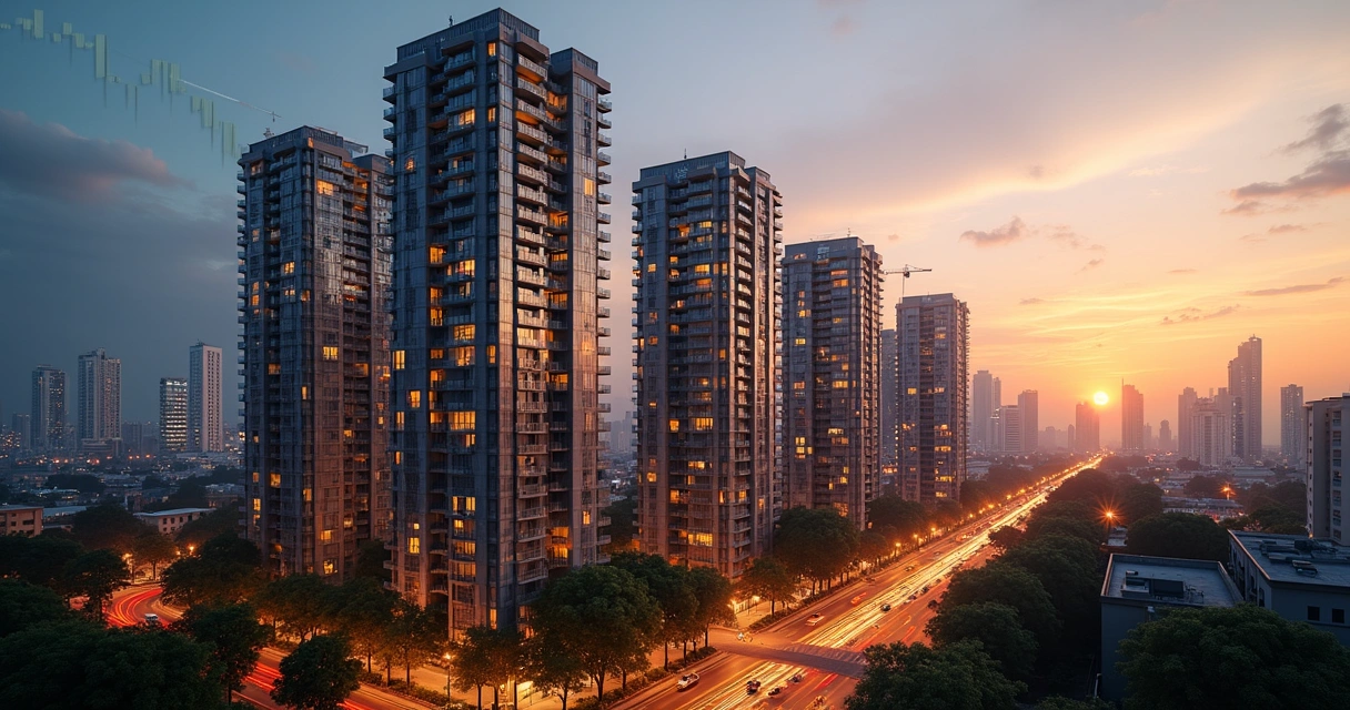 Skyline de prédios residenciais iluminados representando recorde de vendas de imóveis 